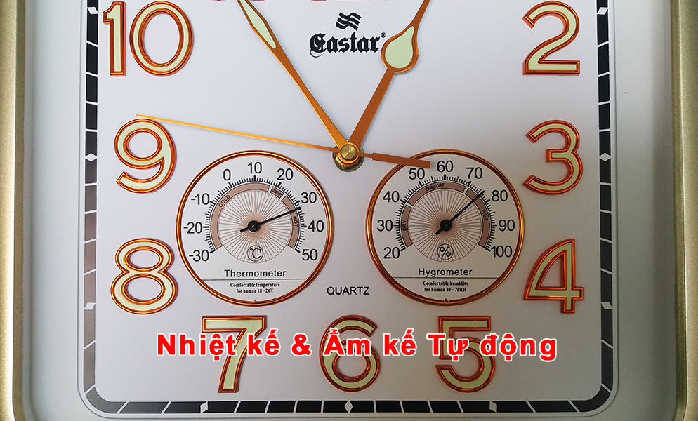Đồng Hồ Treo Tường EASTAR Cao Cấp Có DẠ QUANG Và NHIỆT ẨM KẾ CƠ (Không Dùng Pin) - Máy Kim Trôi - SỐ NỔI 3D - Hình Vuông Mặt Trắng - Tặng Pin Maxell