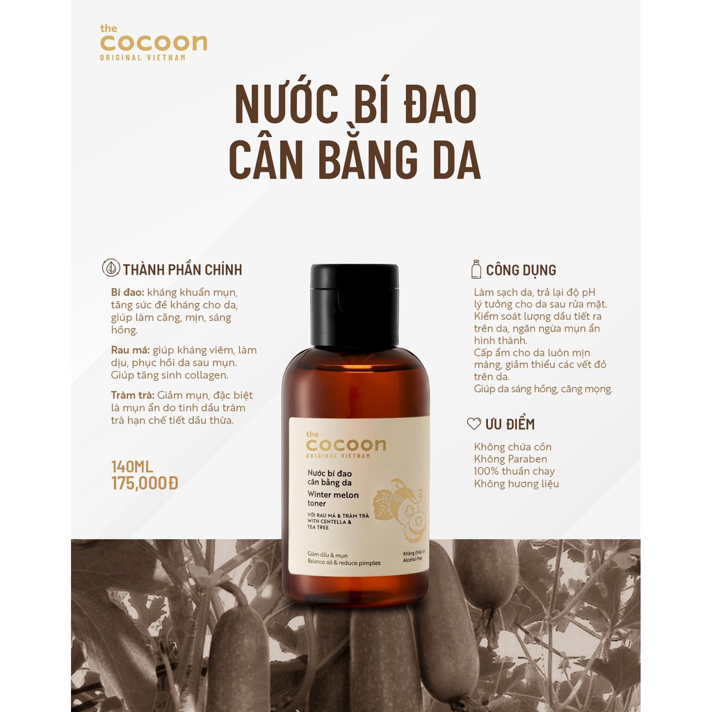 Nước Cân Bằng Cocoon Bí Đao - Winter Melon Toner Cân Bằng Độ pH, Giảm Dầu & Mụn Ẩn 140mL