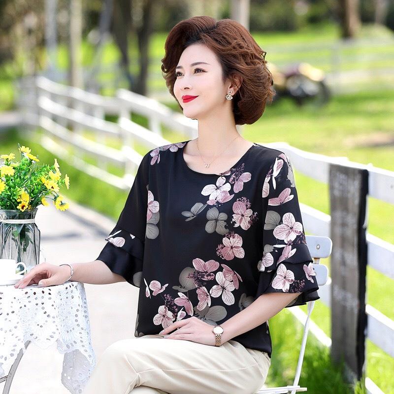 ️Có Big Size️Áo Kiểu Trung Niên Phối Họa Tiết Hoa Sang Trọng Cho Mẹ U50-80