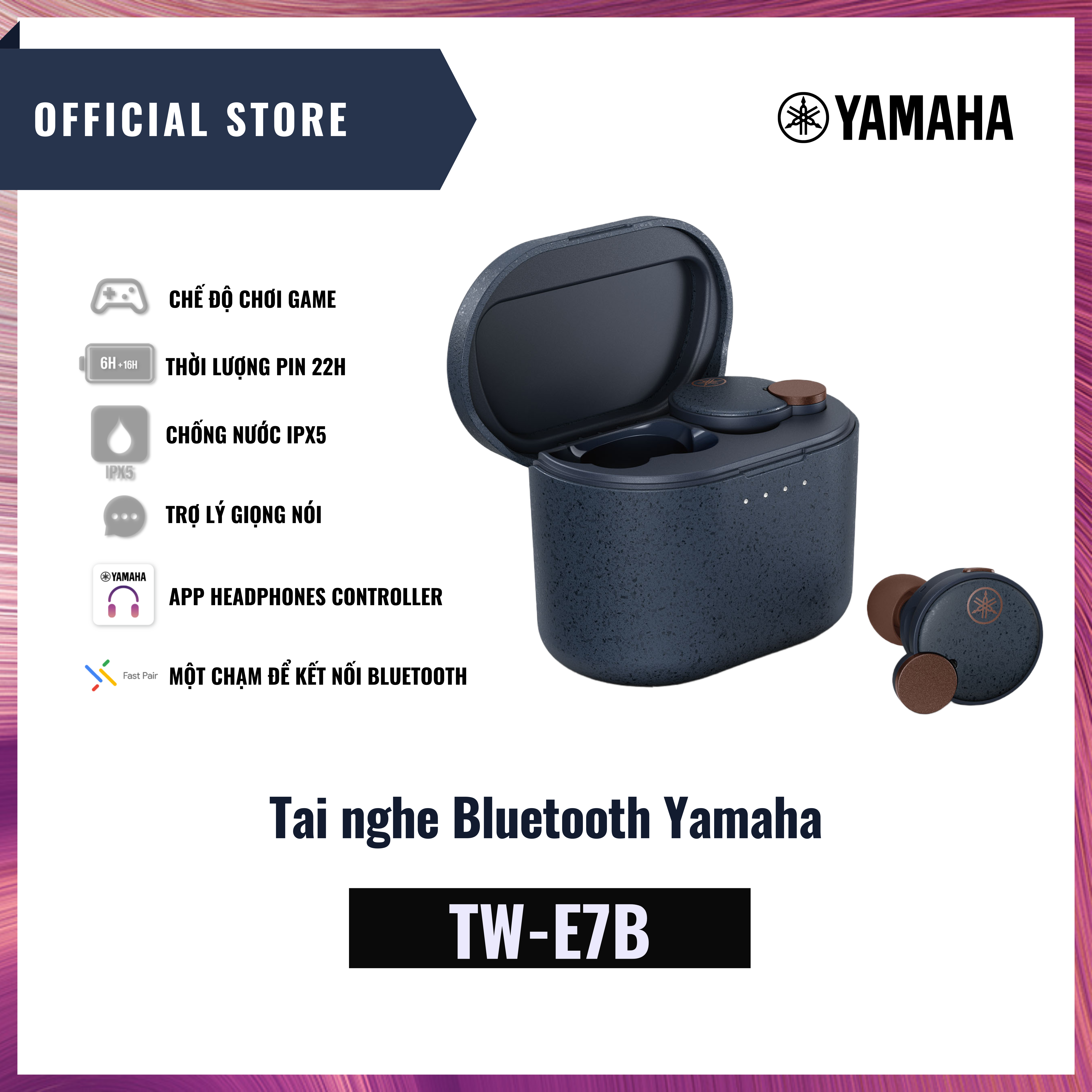 Tai nghe True Wireless Yamaha TW-E7B - 4 Màu - Chống Nước IPX5 - Pin 32h - Chế Độ Chơi Game - Hàng Chính Hãng