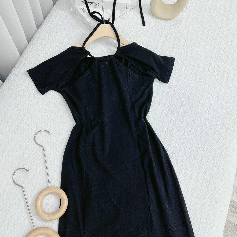 ĐẦM ĐEN SUÔNG ÔM BODY XẺ ĐÙI DÂY CỔ YẾM THUN MIDI TRƠN TAY NGẮN ĐI TIỆC DẠO PHỐ ĐI BIỂN ĐI CHƠI