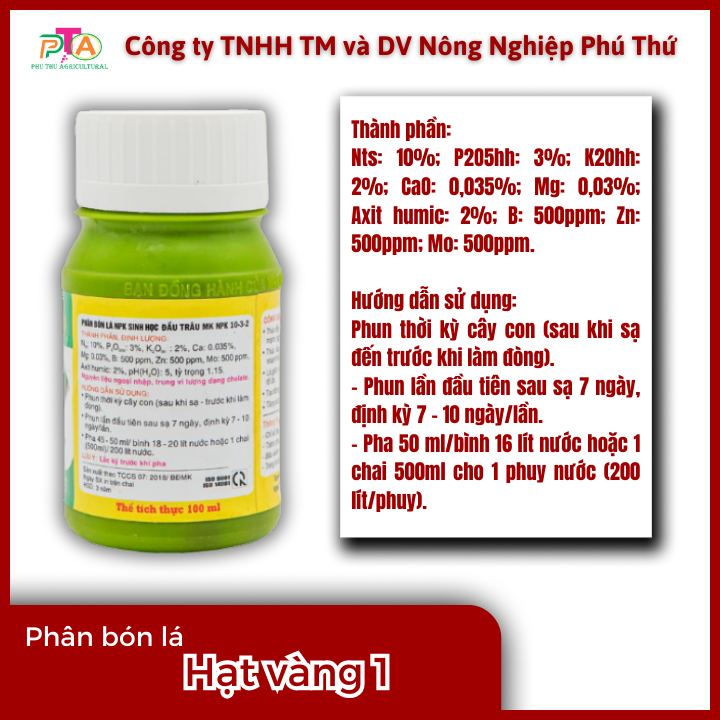Phân Bón Lá Đầu Trâu MK Hạt Vàng 1 (10-3-2) chai 100ml