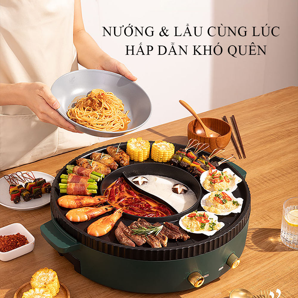 Bếp lẩu nướng đa năng bề mặt chống dính hiệu quả an toàn, Bếp lẩu nướng 2 in 1 phù hợp với nhiều người ăn