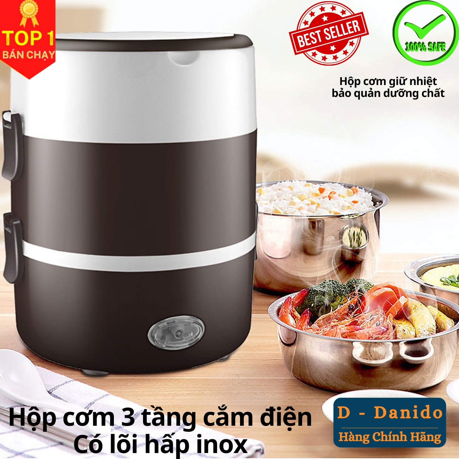 Bộ hộp cơm giữ nhiệt văn phòng cao cấp inox, Cặp lồng cơm 3 tầng cắm điện - Chính hãng D Danido