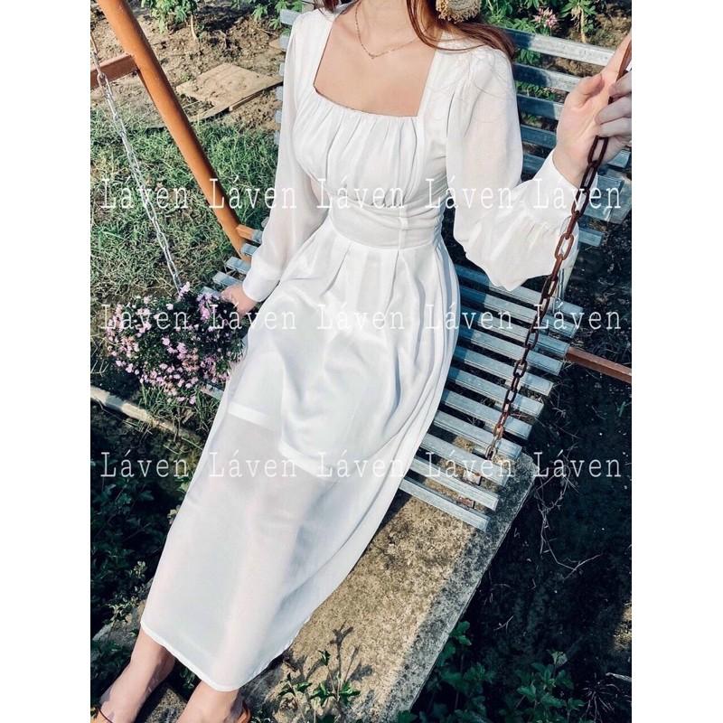Đầm voan xoè cổ vuông tay dài xinh lung linh kèm hình thật