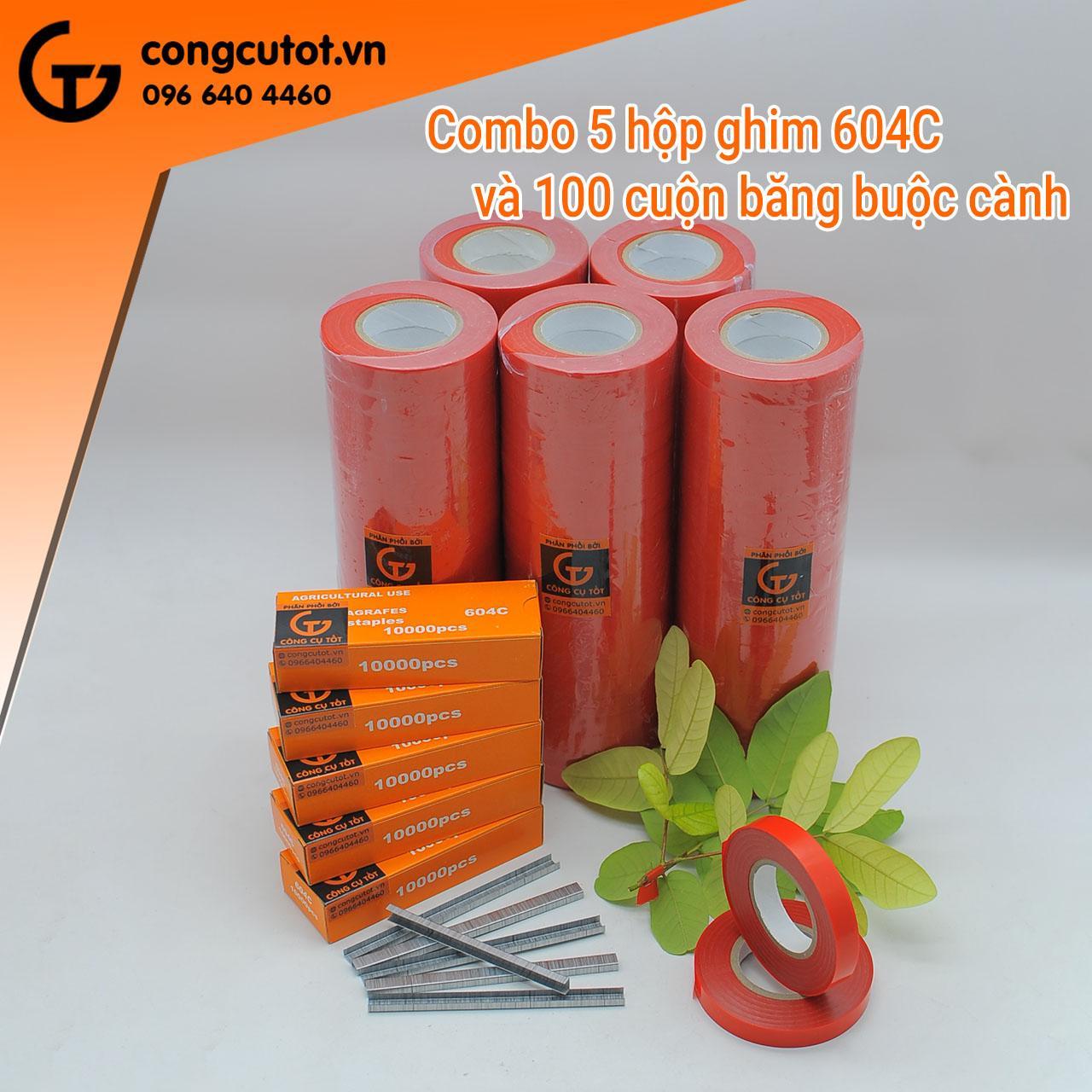 Combo 5 hộp ghim 604C và 100 cuộn băng buộc cành