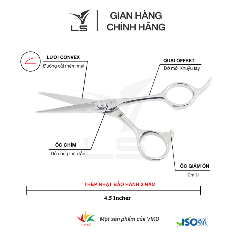 Kéo cắt tóc LS lưỡi thẳng quai offset phẳng đỡ ngón cố định CB12/4.5