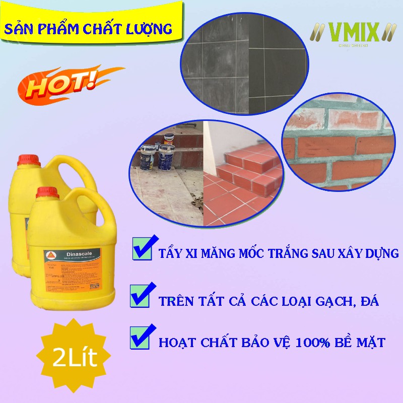 Hóa chất tẩy xi măng bám dính trên bề mặt gạch đỏ ,đá các loại mà không ảnh hưởng đến bề mặt gạch,tiết kiệm nhân công thi công nhanh và rất dễ dàng.Chống thấm Vmix