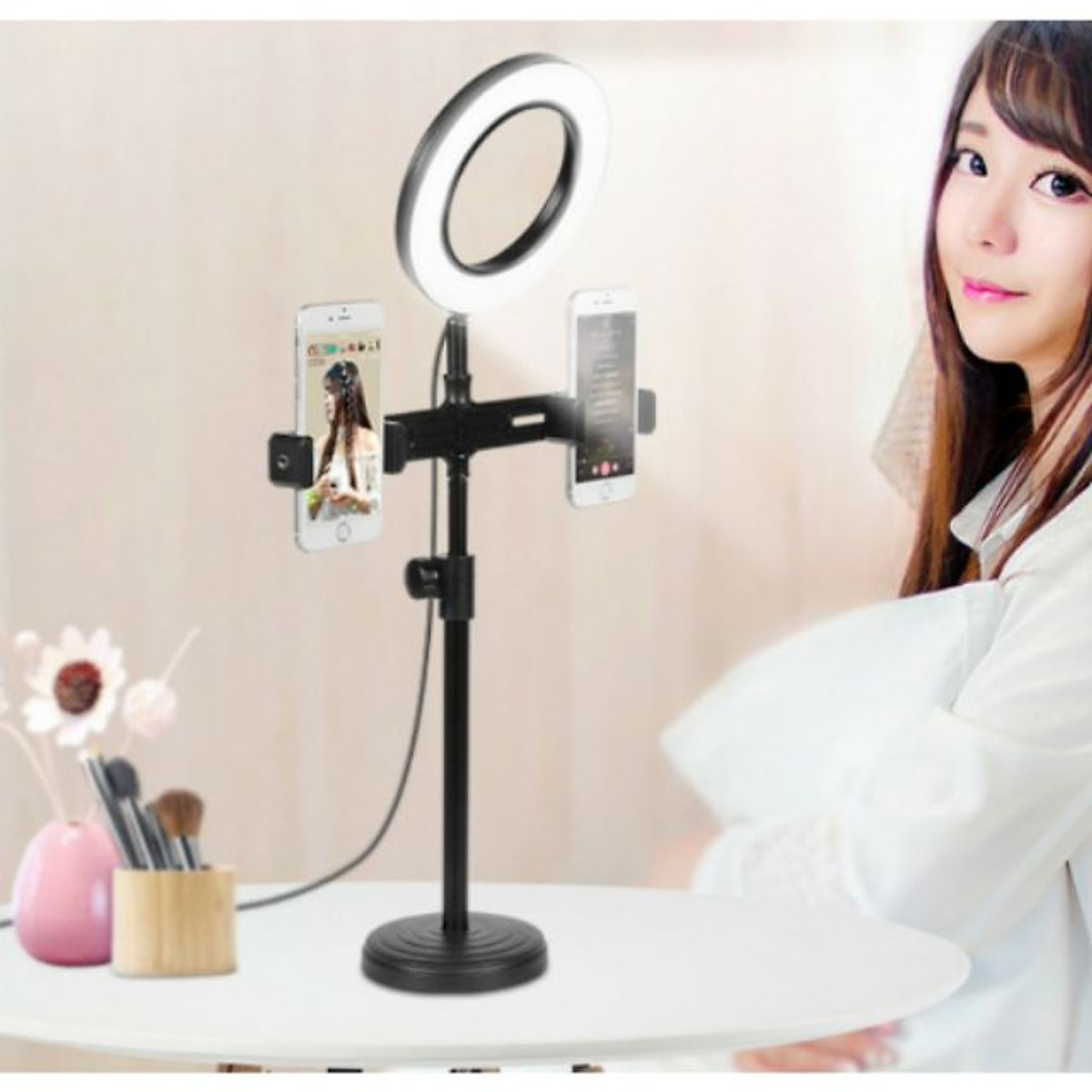 Đèn livestream 3in1 để bàn Đỡ Được 2 - 3 Điện Thoại Hỗ Trợ Chụp Ảnh Make Up Trang Điểm, Quay Tiktok Có Đèn Led 3 màu