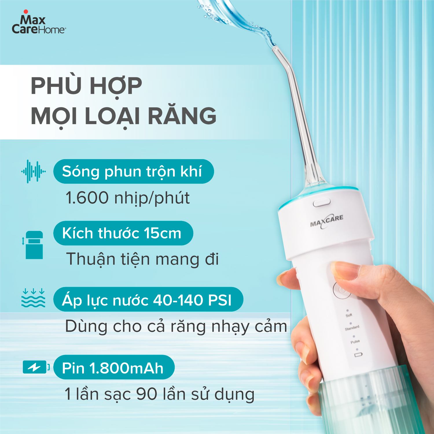 Máy tăm nước cầm tay Maxcare UltraSonic Max456P Phun xoay 360 độ, Nhỏ gọn, Chống nước IPX7, Dung tích 160ml