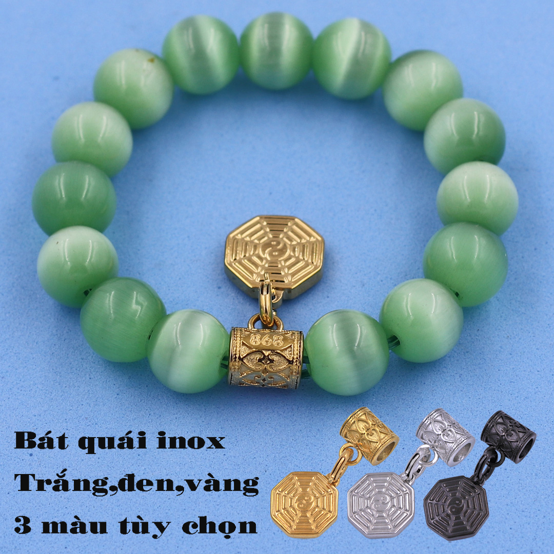 Chuỗi tay đá Mắt Mèo xanh lá 12 ly - Charm Bát Quái Inox VMEXLBQV12 - Hợp mệnh Mộc, Hỏa