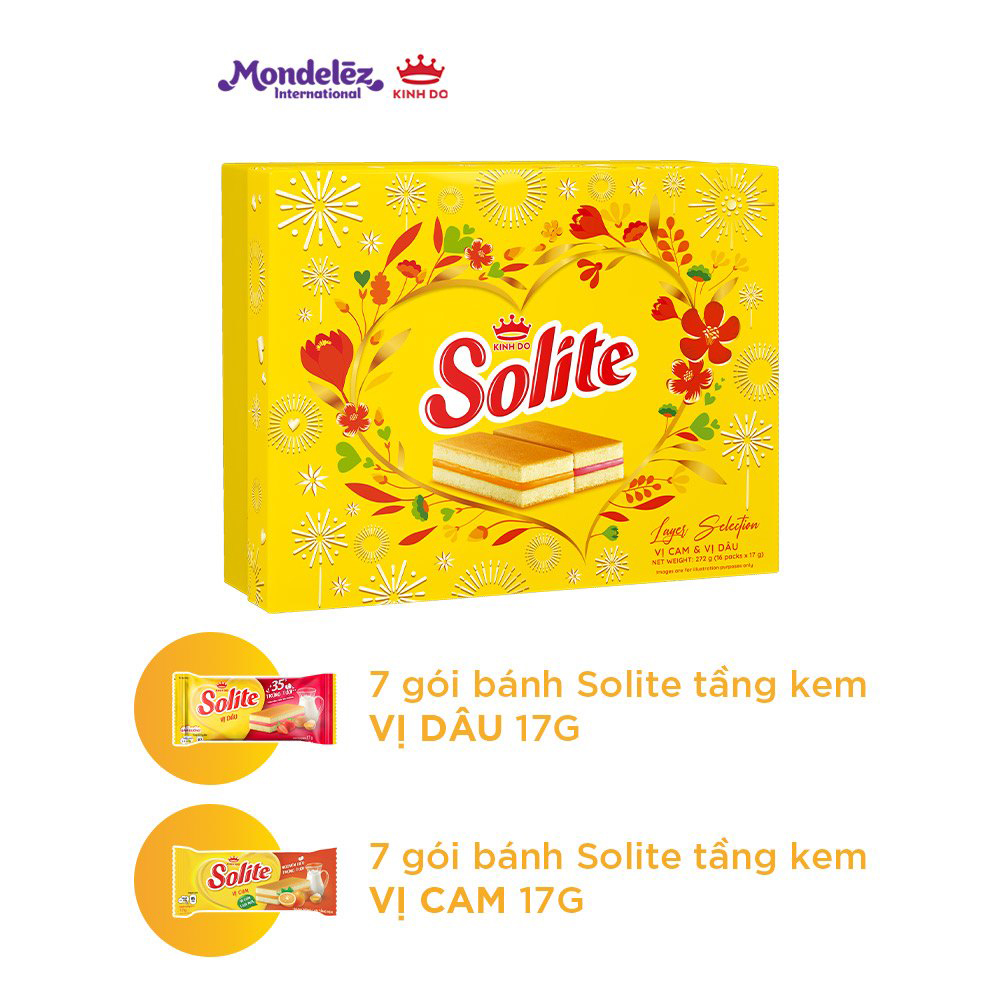 Bánh bông lan Solite tầng kem vị cam và vị dâu, hộp quà Tết 238g