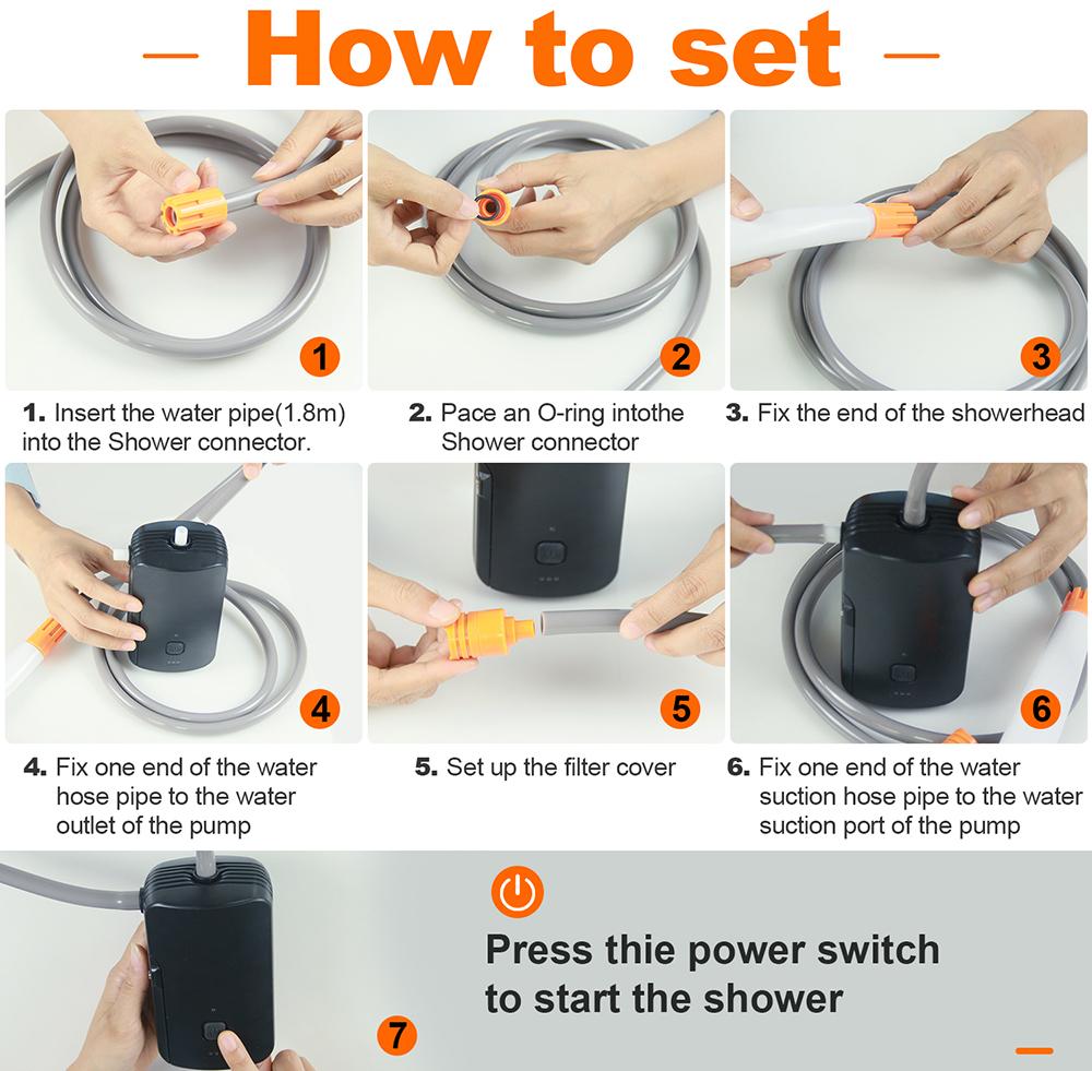 Outdoor Camping Shower Portable Electric Shower Pump Waterproof with 2-Level Water Flow for Camping Hiking Watering