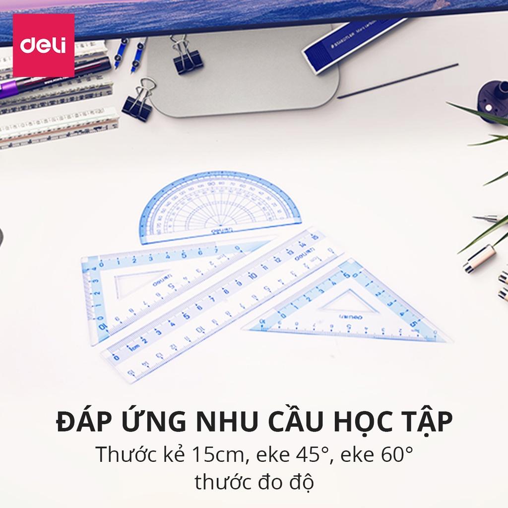 Bộ 4 Dụng Cụ Eke Thước Kẻ Thước Đo Góc Đo Độ Học Sinh Túi Zip Deli - Eke Tam Giác Vuông Đồ Dùng Toán Học Dụng Cụ Hình Học - 9594