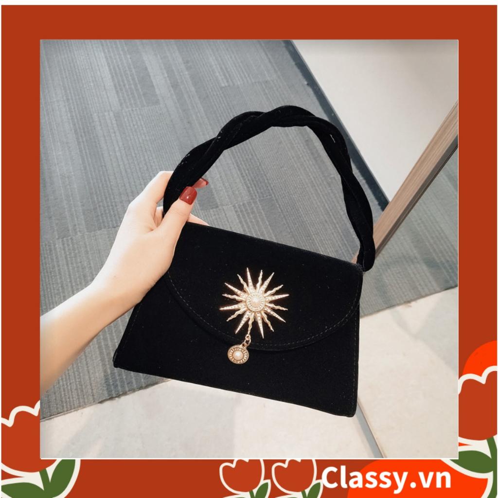 Túi nhung Classy tay cầm xoắn cao cấp - Đính phụ kiện ánh kim retro phiên bản cao cấp