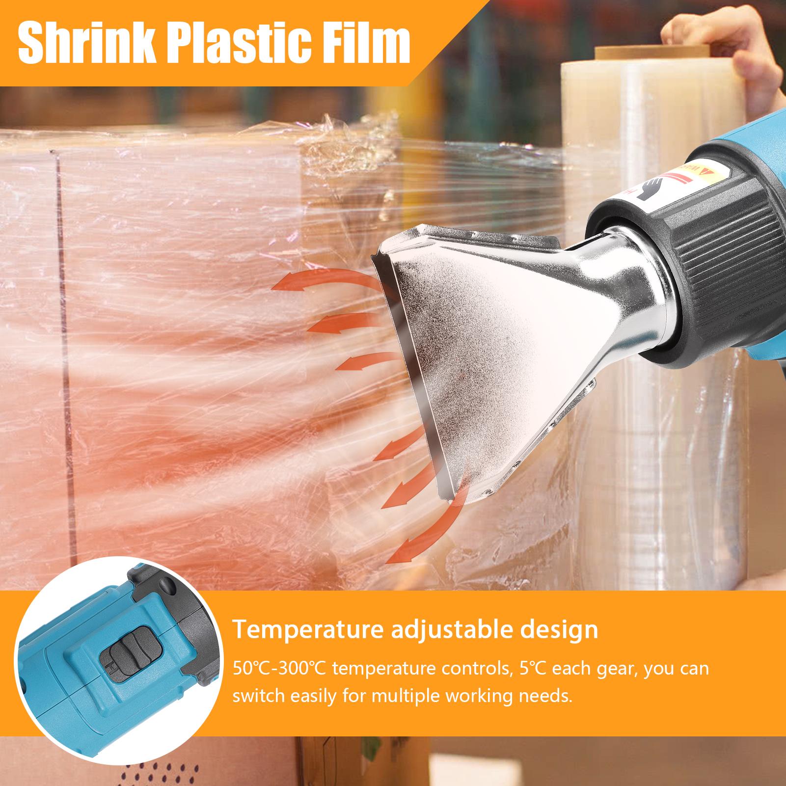Cordless Handheld Hot Air Machine Digital Display Lithium Rechargeable Heating Equipment 50-300℃ Temperature Adjustable Power Tool with 4 Nozzles Compatible with Makita Lithium Battery