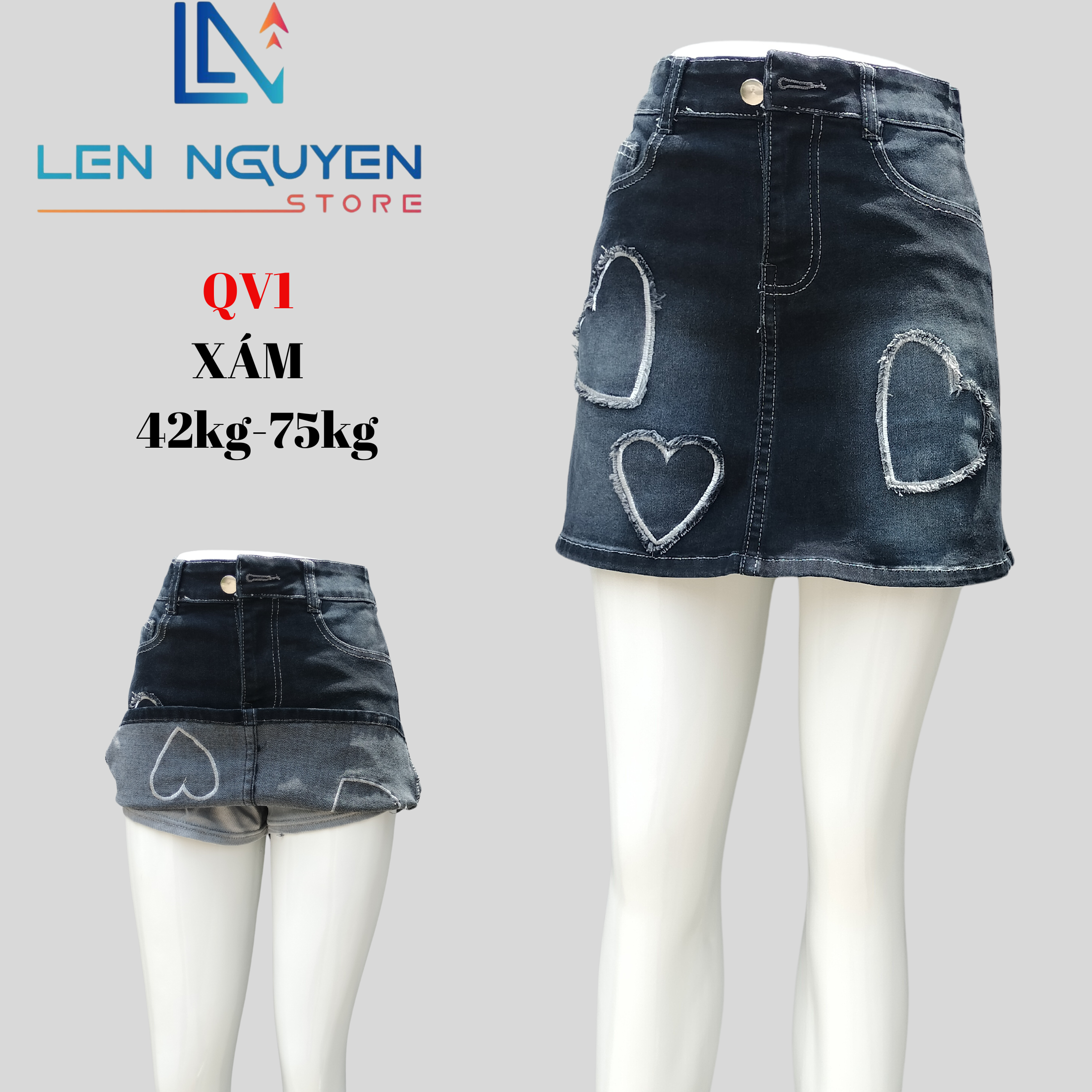 QV1_ Quần váy jean nữ có lót quần xám và xanh nhạt Lưng Cao 2 Nút QUẦN VÁY JEAN (BÒ)  43kg đến 75kg 27-35 Vải Cao Cấp Co Giãn ,Mềm Mịn Thoáng Mát Nữ Women Voan