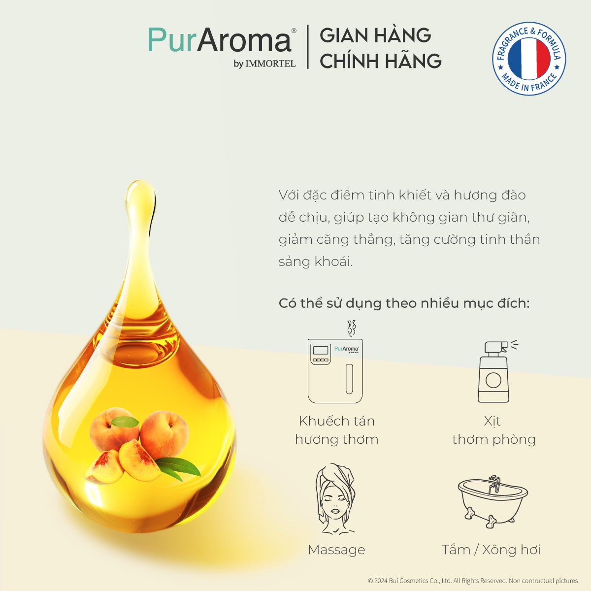 (Đậm đặc) Tinh dầu nguyên chất PurAroma - Hương Đào. Vani. Trà Trắng - 10 mL - Chính hãng Pháp