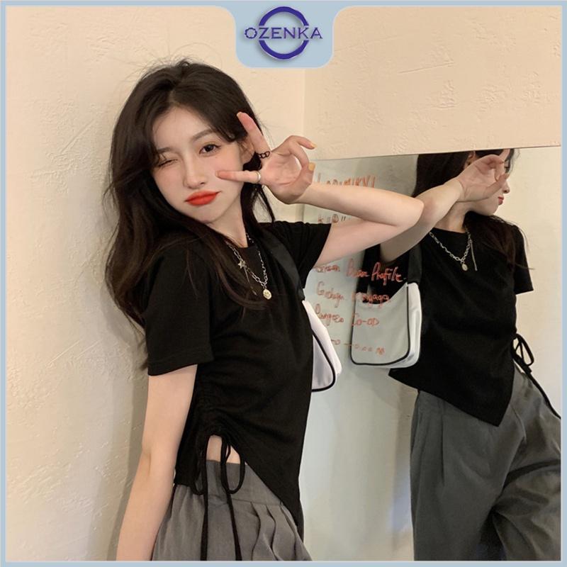 Áo croptop ulzzang kiểu vạt chéo rút dây rộng cổ tròn OZENKA , áo crt thun cotton basic màu đen trắng mặc đi học đi chơi