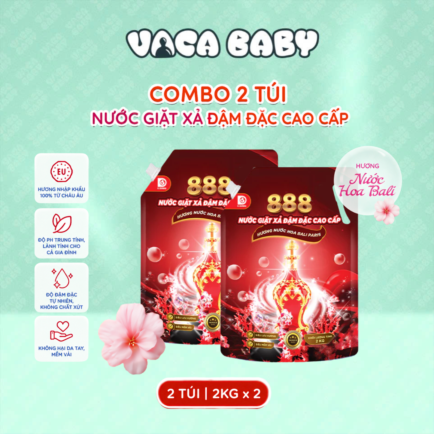 Combo 2 Túi Nước Giặt Xả 888 Hương Nước Hoa Bali Paris Cao Cấp 2kg/Túi