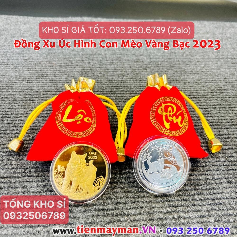 Cặp tiền xu hình con Mèo Úc vàng bạc lì xì tết Quý Mão 2023 - túi LỘC nhung đỏ tặng kèm, Lì Xì Tết - NELI