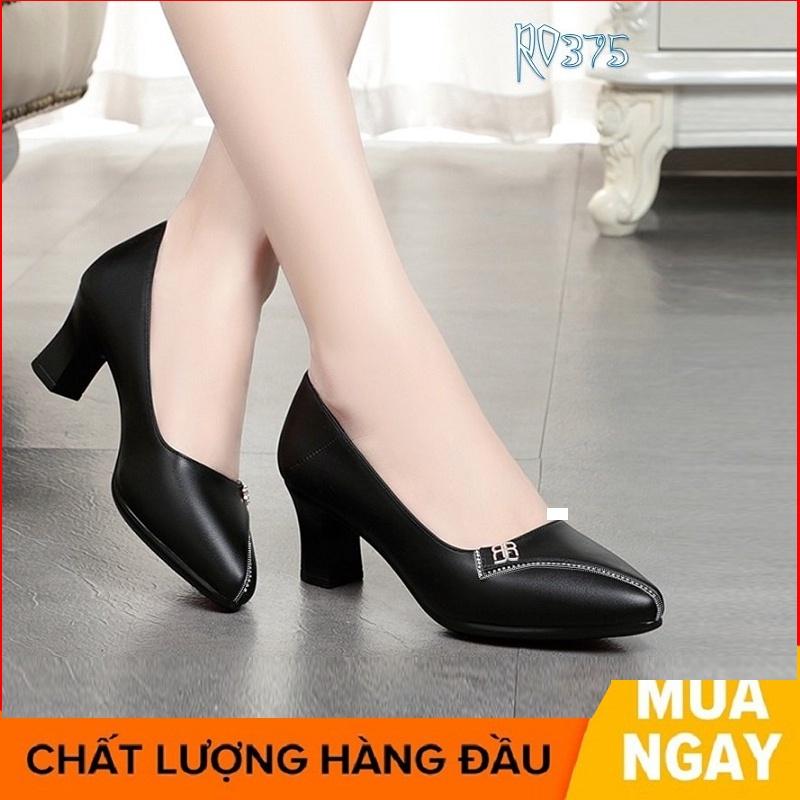 Giày cao gót nữ đẹp đế vuông 5 phân hàng hiệu rosata ba màu đen đỏ kem ro375