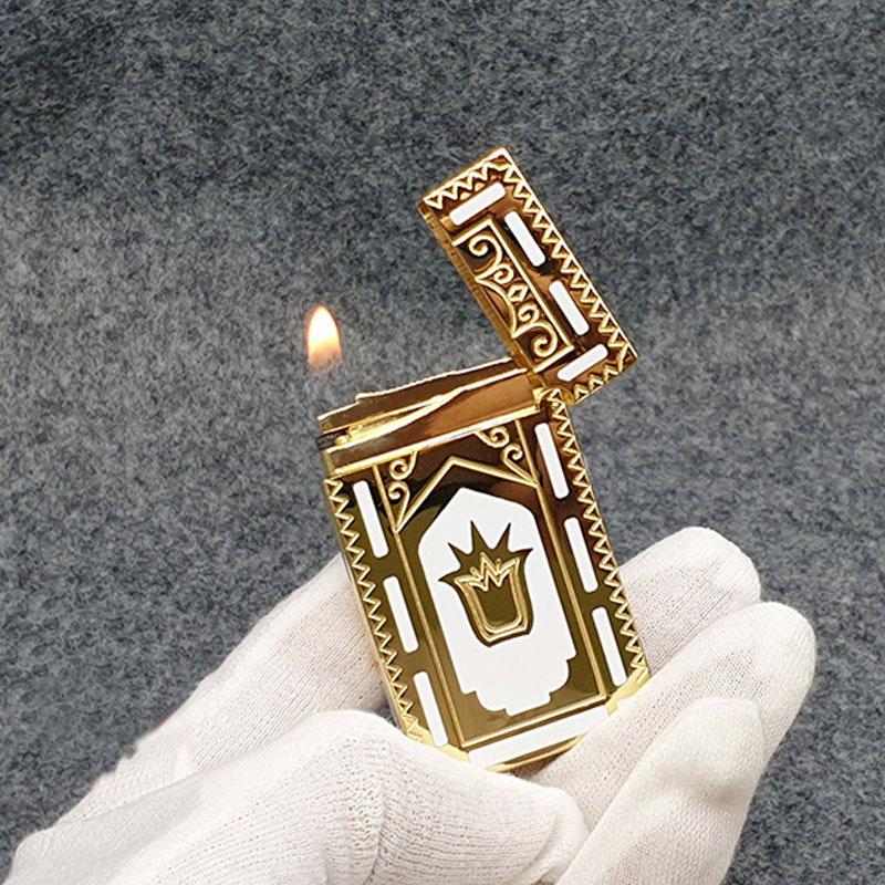 Vỏ Hột Quẹt Bật Lửa Gas Đá Upon D82V Thiết Kế Họa Tiết Sơn Mài Trắng Hoa Văn Hoàng Gia Cổ Điển Độc Đáo - Dùng Gas Đá Cao Cấp