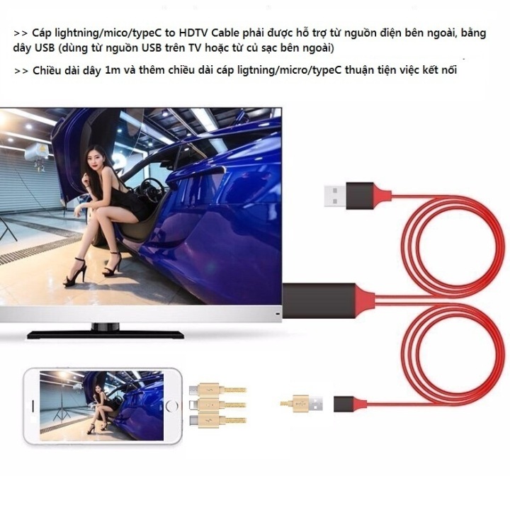 Cáp HDMI kết nối điện thoại có MHL ra Tivi đa năng hỗ trợ cho cả lightning/micro/typeC qua cổng OTG - Hàng nhập khẩu