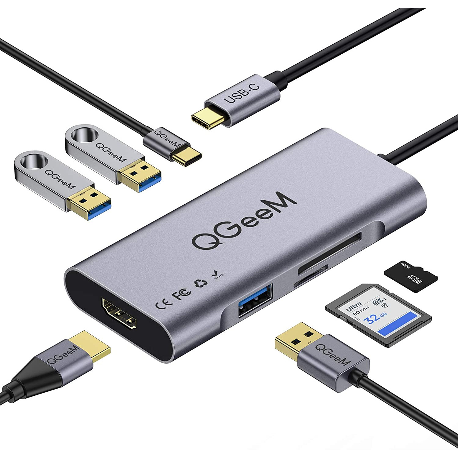 Bộ Hub USB C QGeeM 7 trong 1 4K Type C sang HDMI, 3 x USB 3.0, 1 x USB-C sạc nhanh PD 100w, 1 khe đọc thẻ SD&amp;TF tương thích với MacBook Pro 13/15 (Thunderbolt 3), 2018 Mac Air, Chromebook Type C Adapter - Hàng Chính Hãng