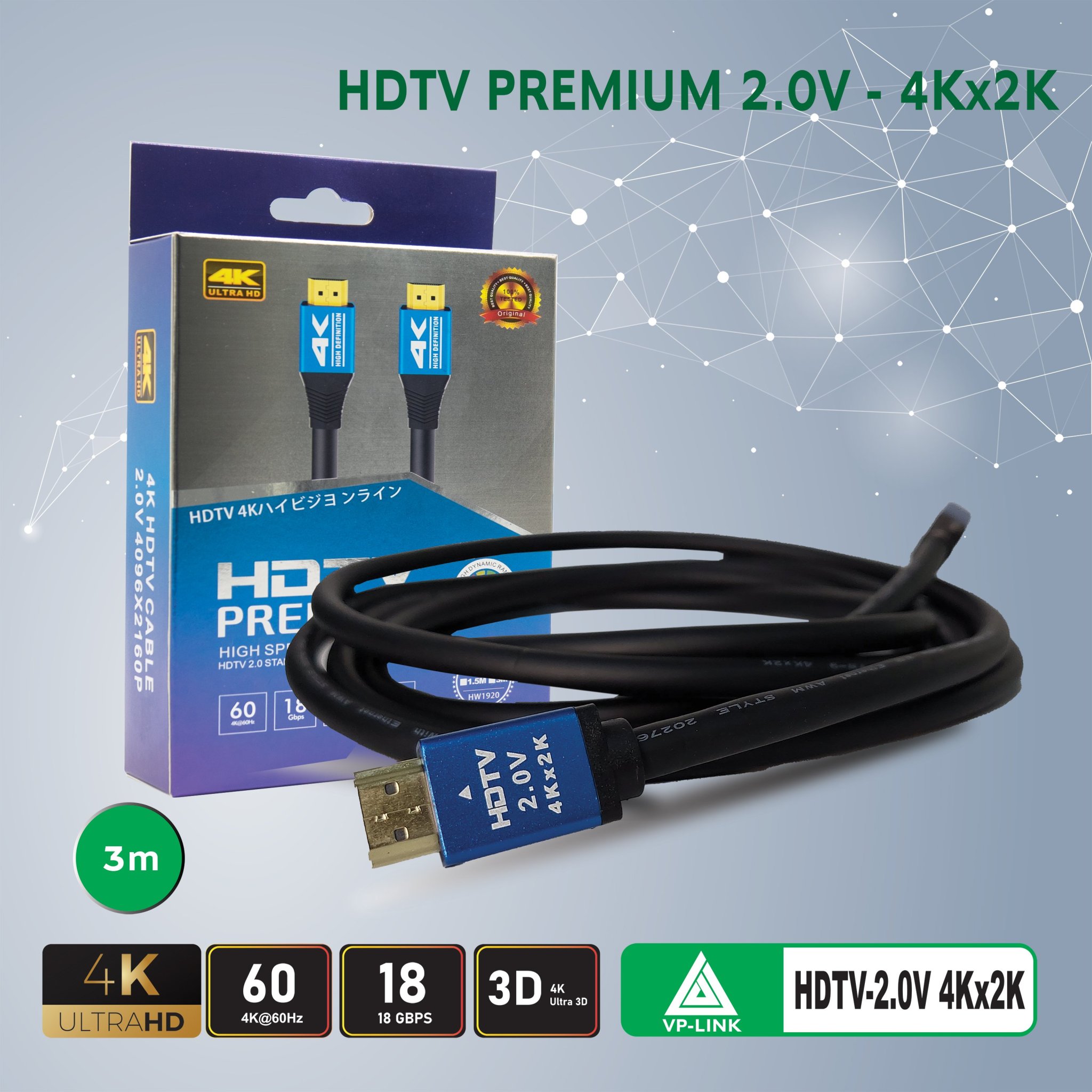 Dây HDMI Tròn Trơn Cao Cấp ( Chuẩn 2.0/4K ) - Hàng chính hãng