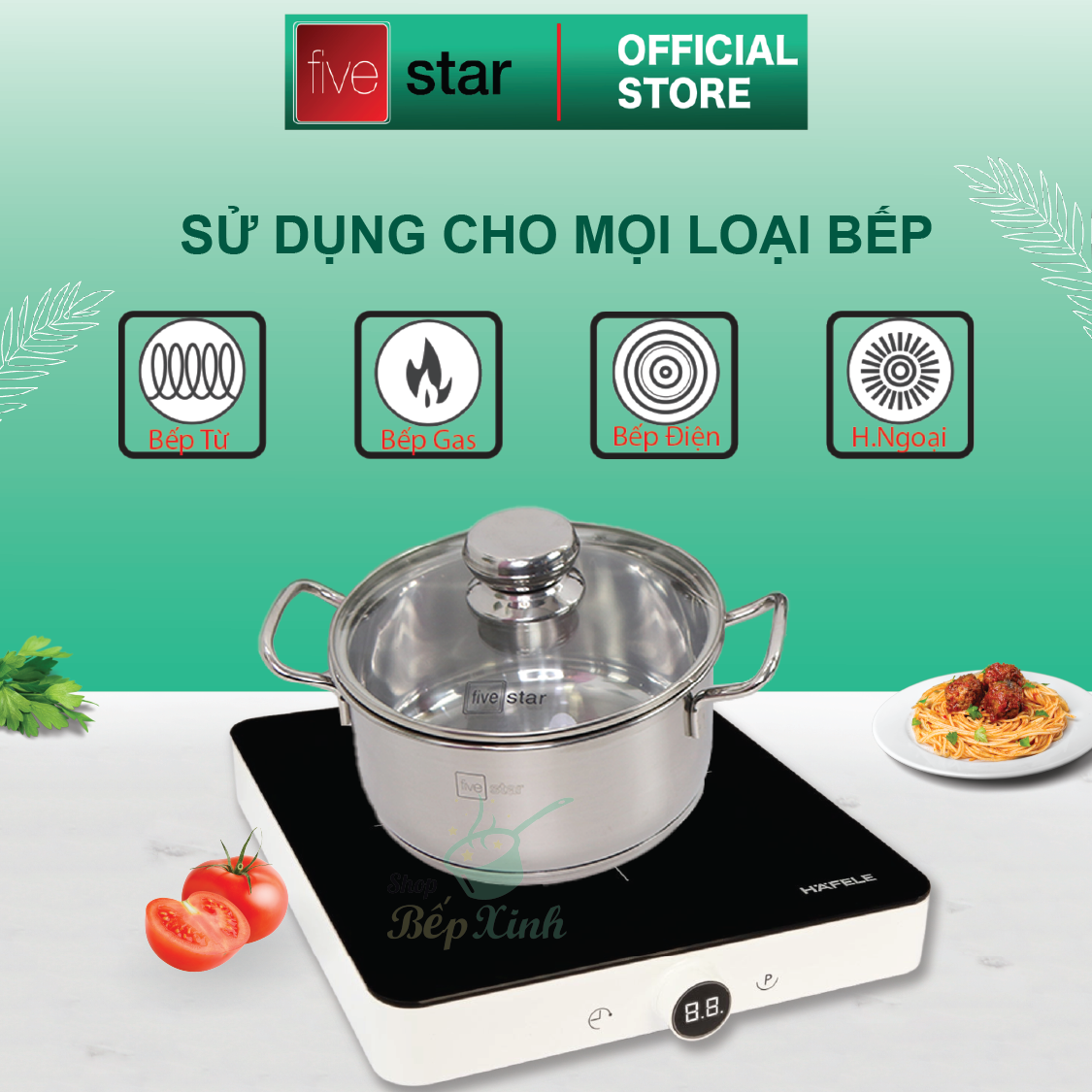Bộ Nồi 5 Đáy Cao Cấp Bếp Từ Fivestar FSB55D001 Nắp Kính Inox 430 , tặng 1 vá canh