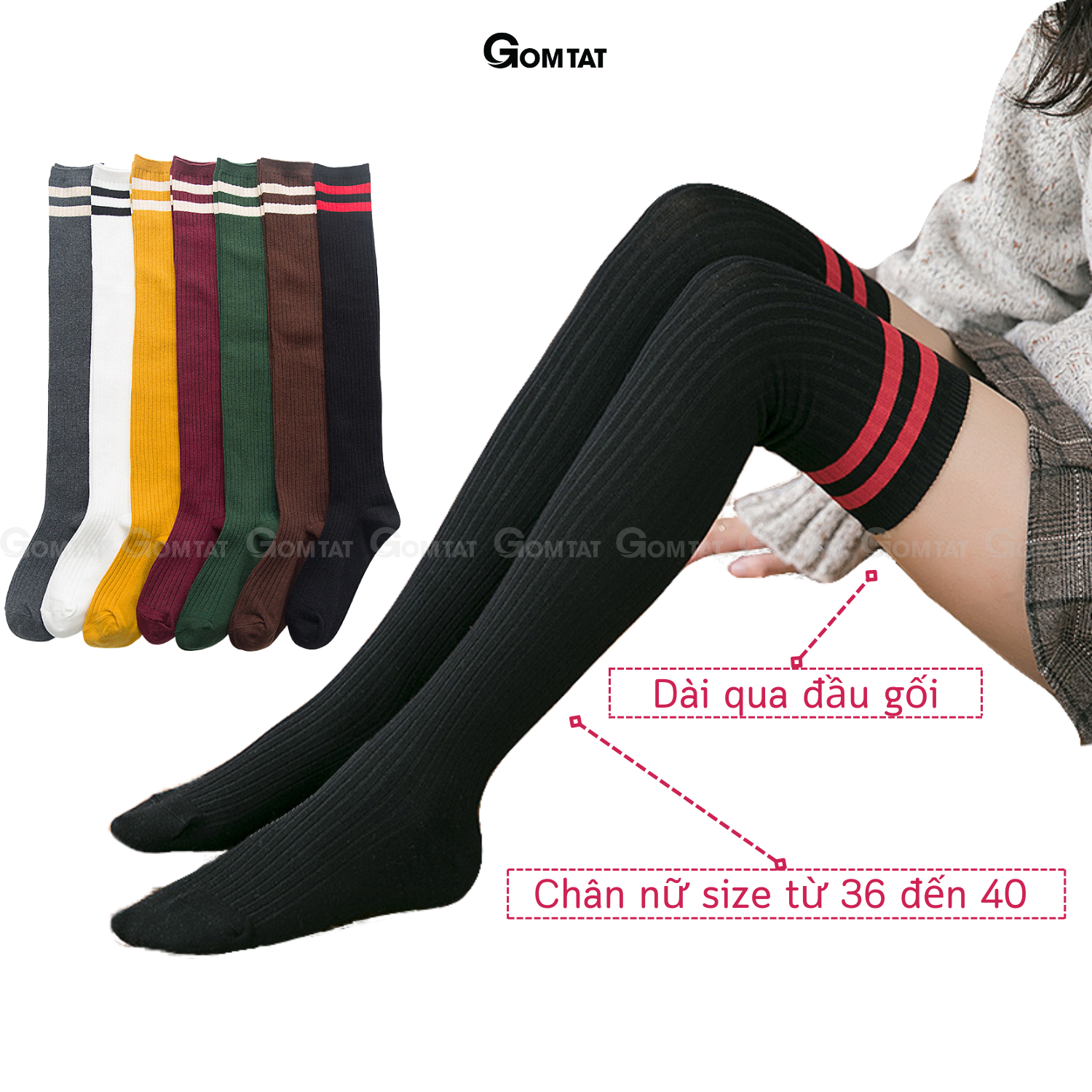 Tất Dài Qua Gối Nữ Mẫu 2 Sọc Ngang, Tất Đùi Nữ Thời Trang Phong Cách Hàn Quốc - FIVE11-DAI-DAUGOI