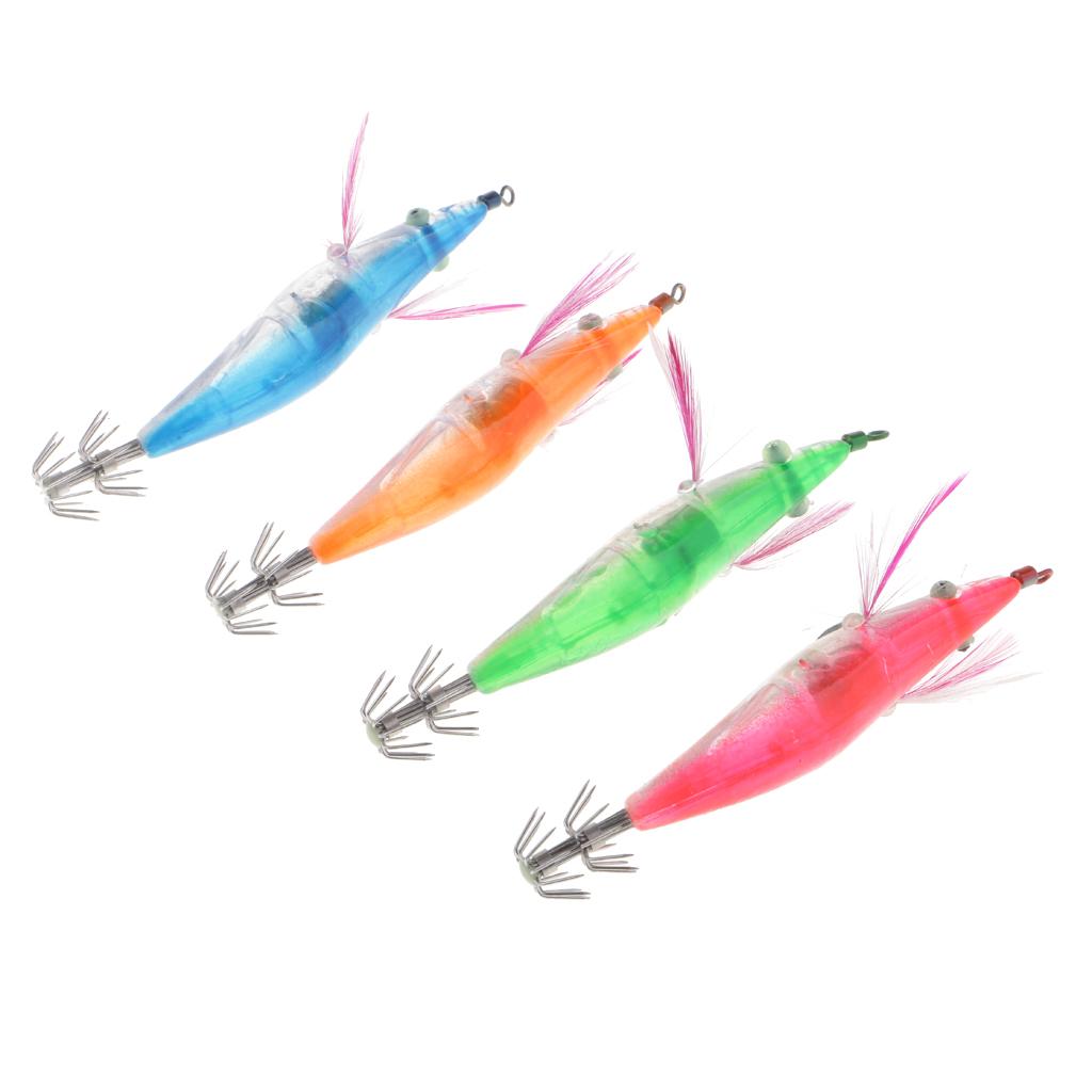 4pcs Glow In Dark Squid Jig Hooks Shrimp Fishing Lures With Luminous Hook