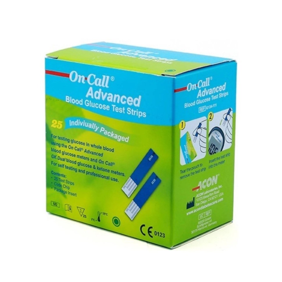 Hộp 25 Que Thử Đường Huyết On Call Advanced Mỗi Que Trong Một Túi Nhôm Riêng