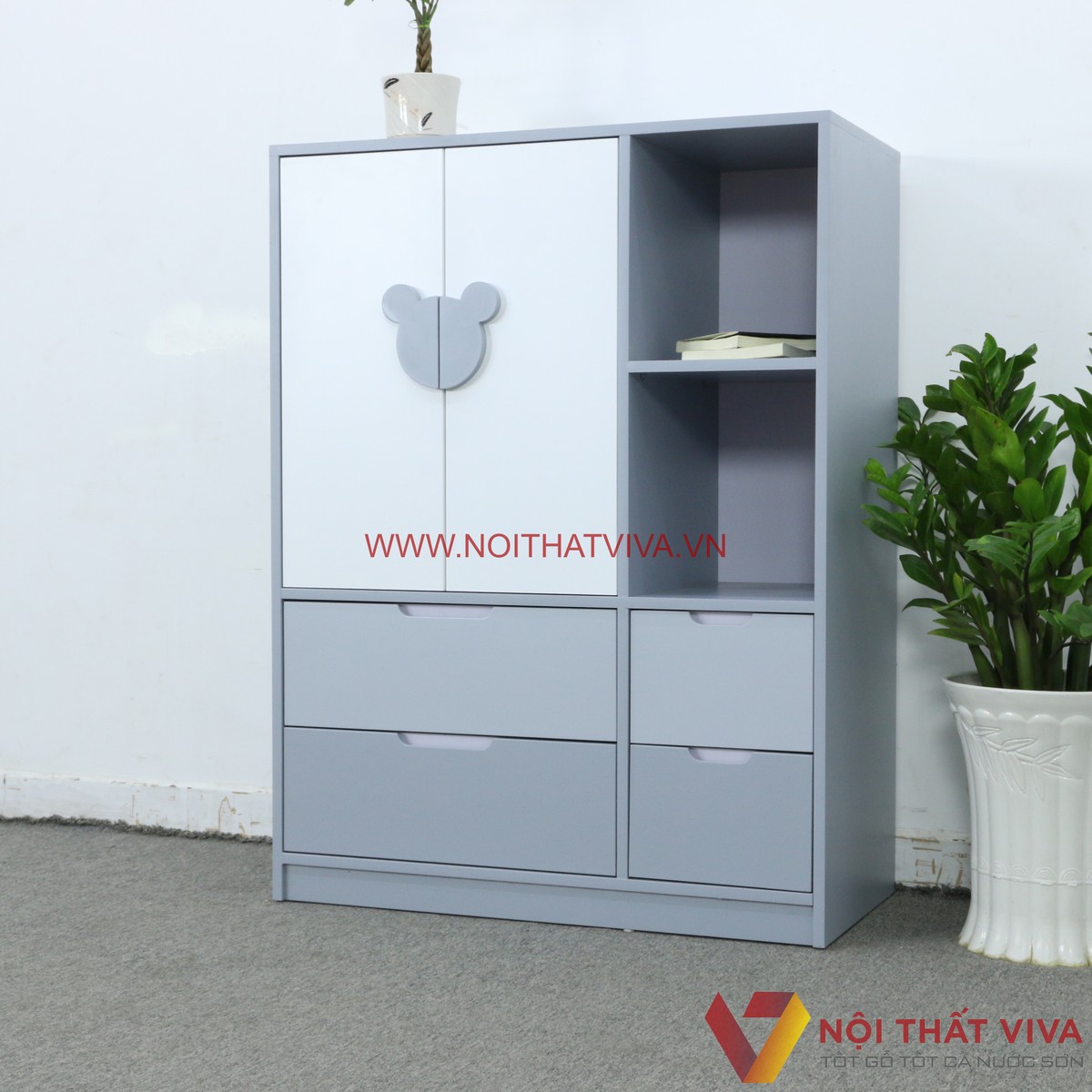 Tủ Quần Áo Trẻ Em Đẹp Gỗ MDF Có Hộc Trang Trí Màu Trắng Phối Tím Gọn Đẹp