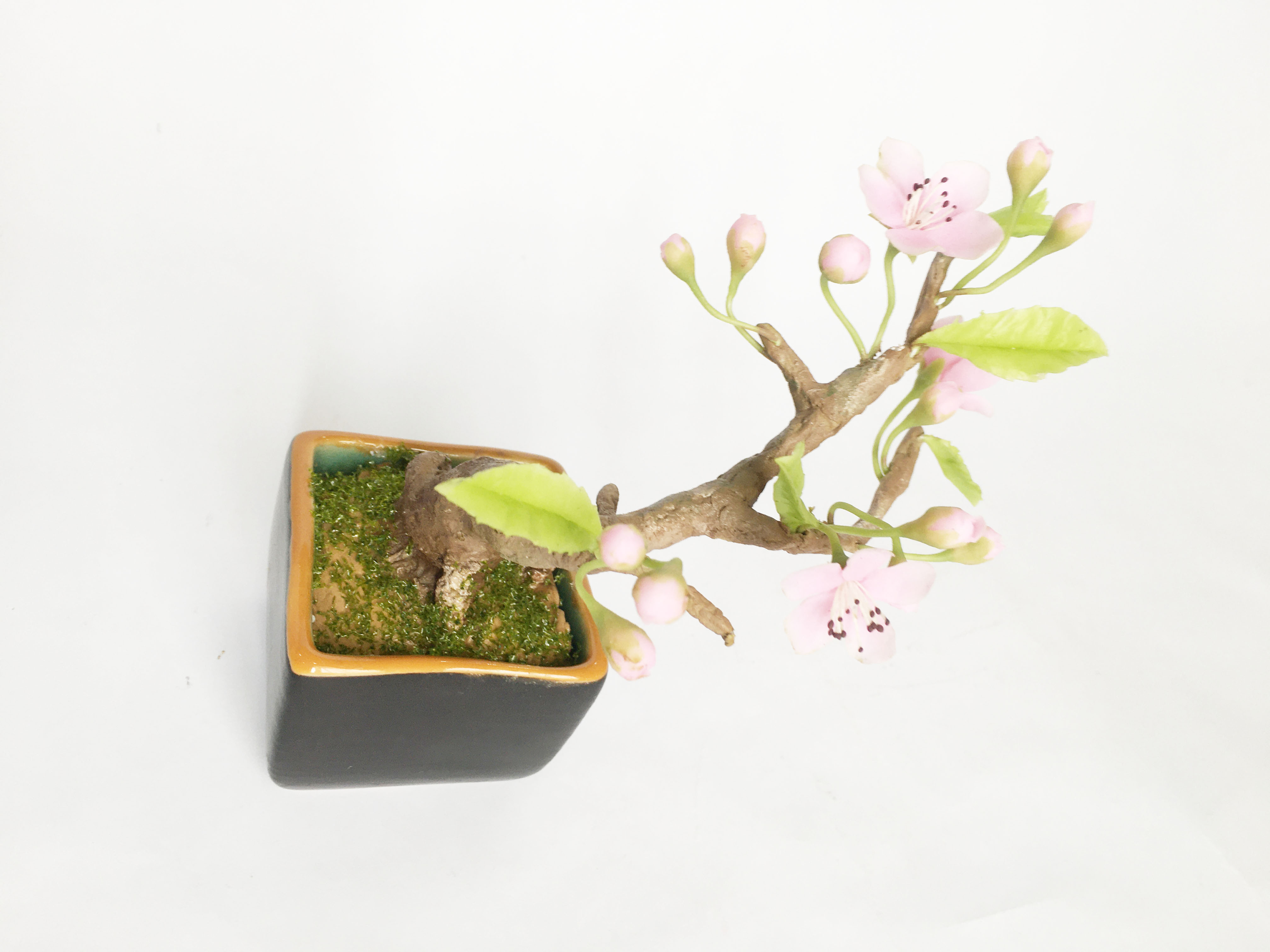 Chậu hoa đất sét mini- Bonsai hoa đào sakura - Quà tặng trang trí handmade (18x10x10cm)