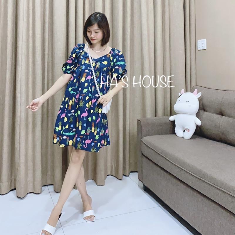 Đầm babydoll hoạ tiết màu xanh than siêu dễ thương