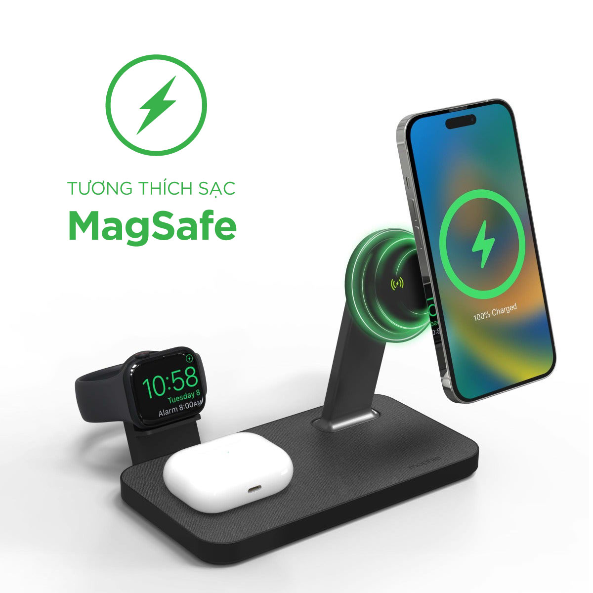 Đế sạc mophie Snap+ 3in1 Stand, đế sạc không dây 15w sạc 3 thiết bị cùng lúc - Hàng chính hãng bảo hành 2 năm 1 đổi 1