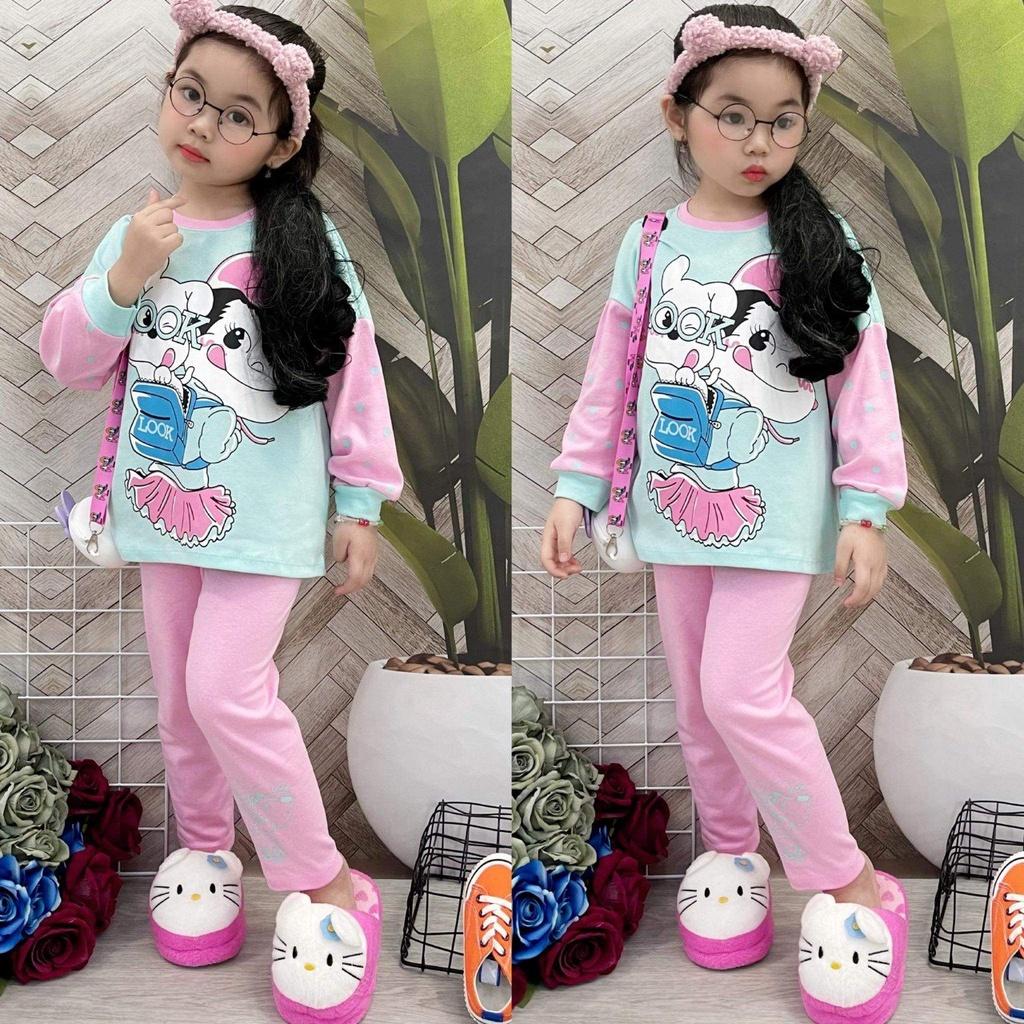 Bộ dài tay in hình phối quần thun borip mịn đẹp cho bé gái size từ 10 đến 22kg