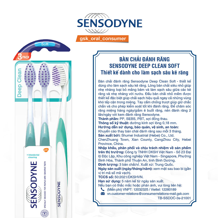 Bộ Bàn Chải Đánh Răng SENSODYNE DEEP CLEAN SOFT Làm Sạch Sâu Kẽ Răng Vỉ 3 Cái (Mua 2 tặng 1)