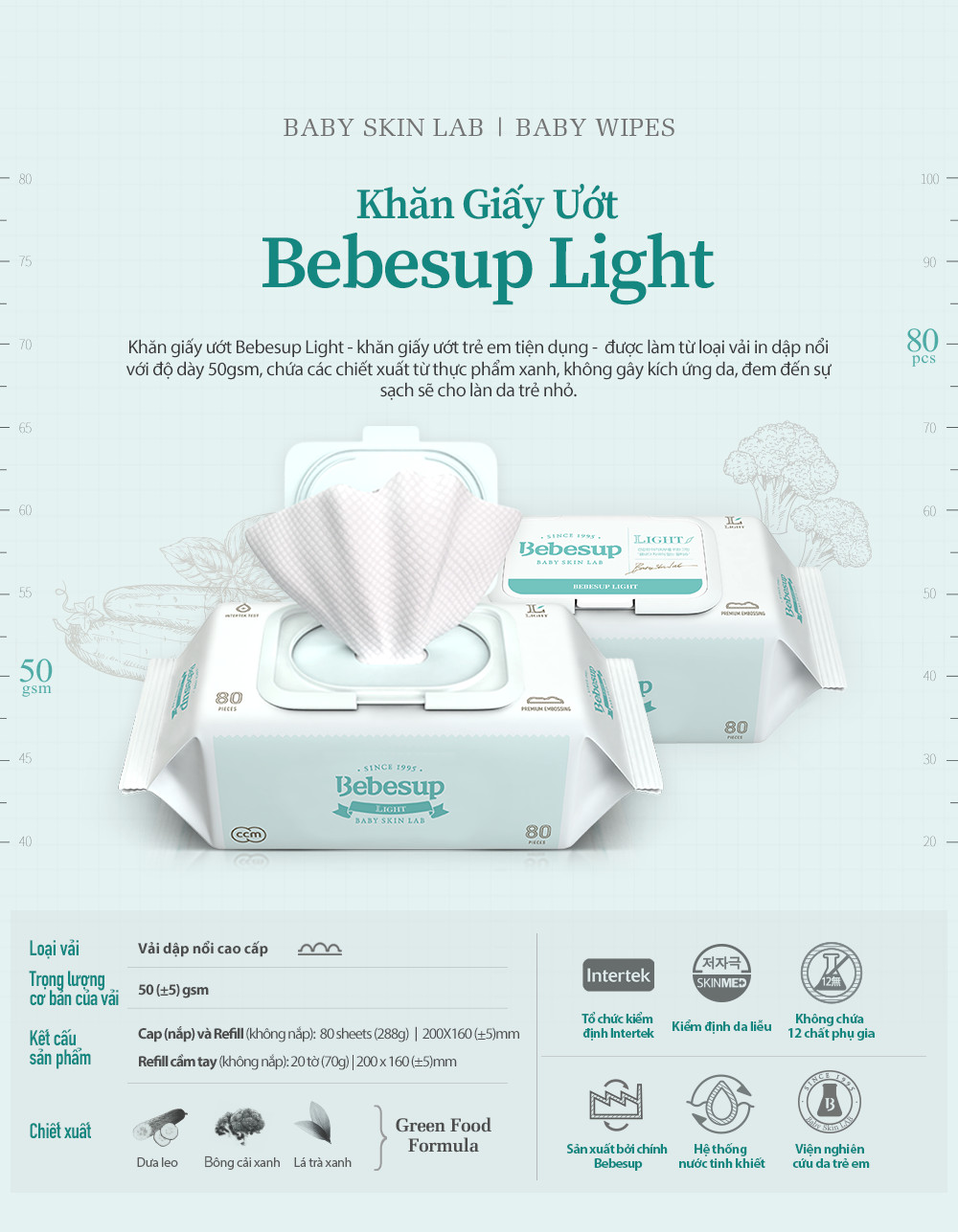 Combo 5 khăn giấy ướt BEBESUP Light 80 (gói 80 tờ)