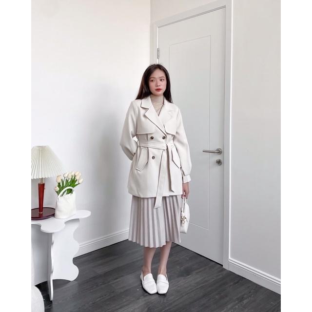 Áo khoác măng tô nữ 4 khuy dáng lỡ đai eo tay áo bo phồng 2 túi hông a877811 by germe