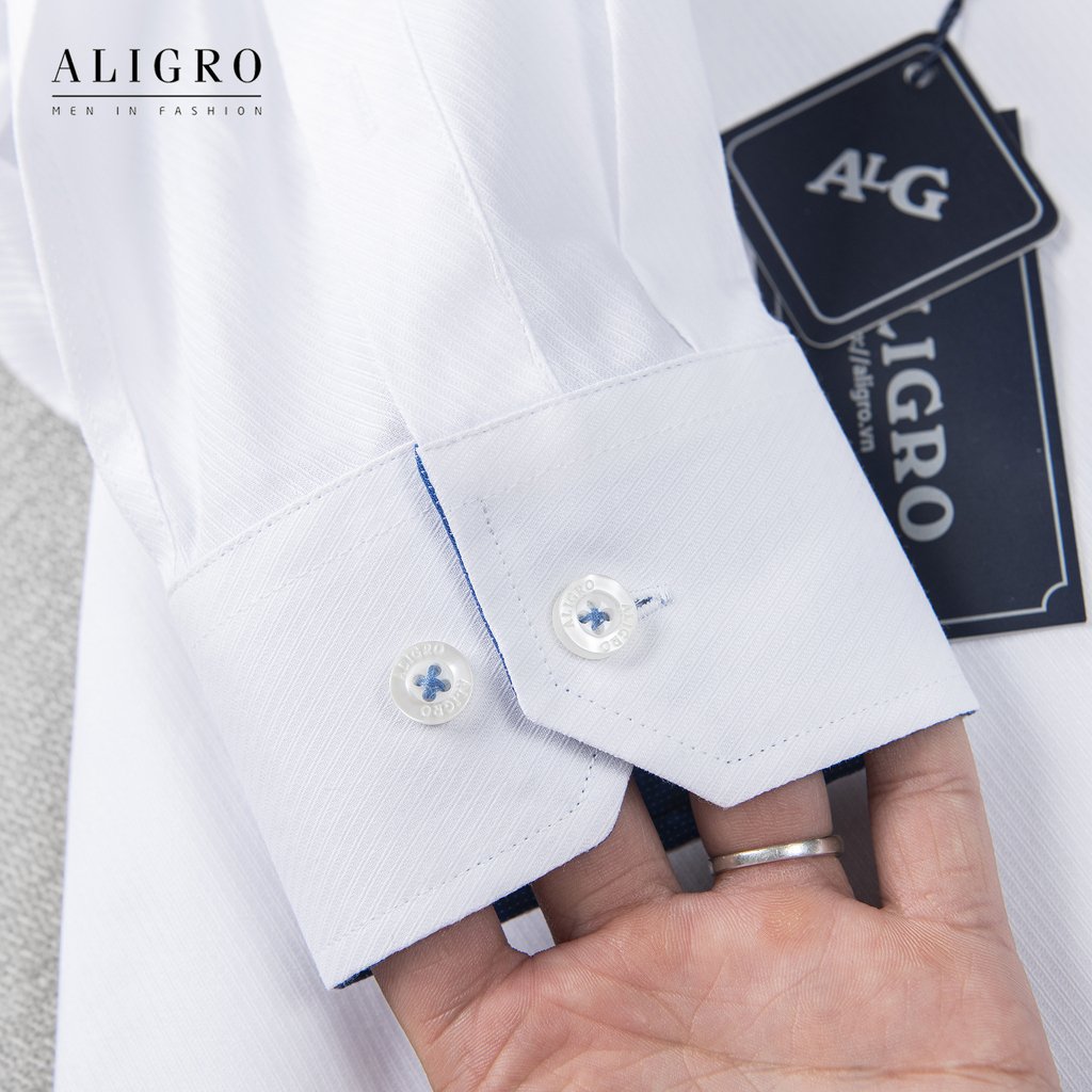 ÁO SƠ MI NAM TRẮNG DÀI TAY PHỐI CỔ XANH ALIGRO DÁNG SLIMFIT MÃ ALGS189