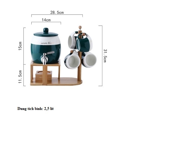 Bộ ấm trà bình trống trắng màu xanh 4 chén