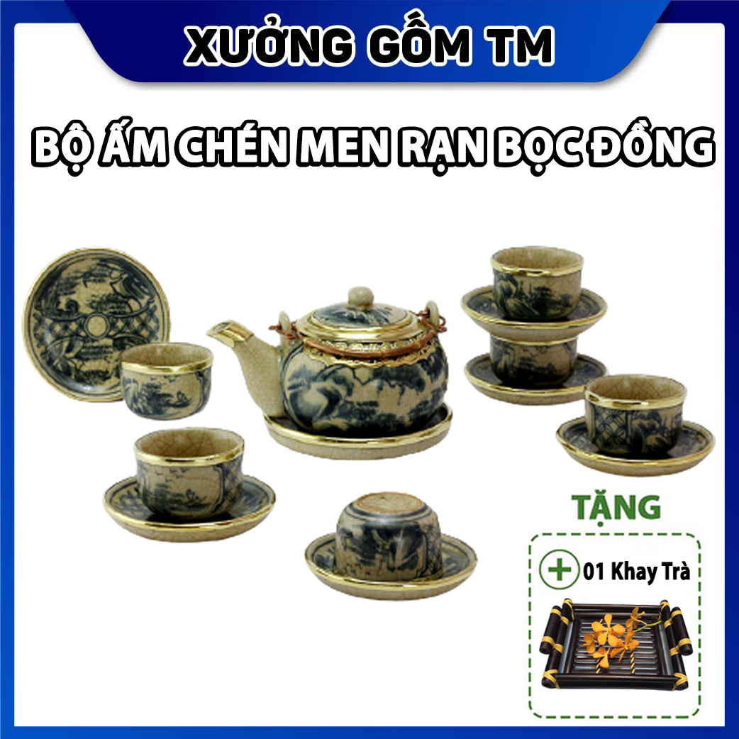 Bộ Ấm Chén Nhật Men Rạn Bọc Đồng Gốm Sứ Bat Trang (Bộ bình uống trà, bình trà) + Tặng kèm khay tre đựng ấm chén