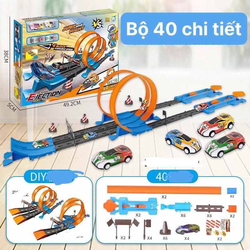 BỘ LẮP GHÉP ĐƯỜNG ĐUA ĐỒ CHƠI TRẺ EM 40 CHI TIẾT GỒM 2 ĐƯỜNG ĐUA VÀ 4 Ô TÔ BẰNG HỢP KIM