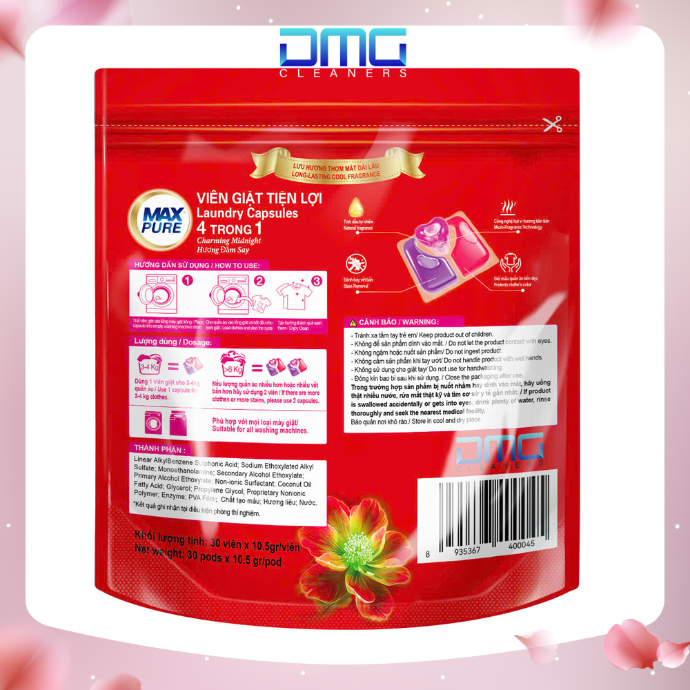 Túi 30 Viên Giặt Tiện Lợi Max Pure 4in1- Công Nghệ Carezyme Hương Đắm Say