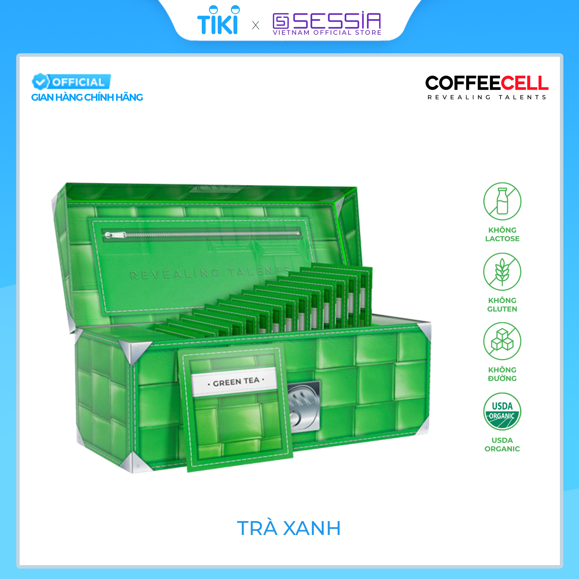 Trà Xanh Với Nhân Sâm Trắng Thượng Hạng COFFEECELL (30 gói x 3g) - Trà nguyên lá ngọt thanh, chát nhẹ, Chống oxy hóa, Tăng cường tập trung - Hàng Chính Hãng