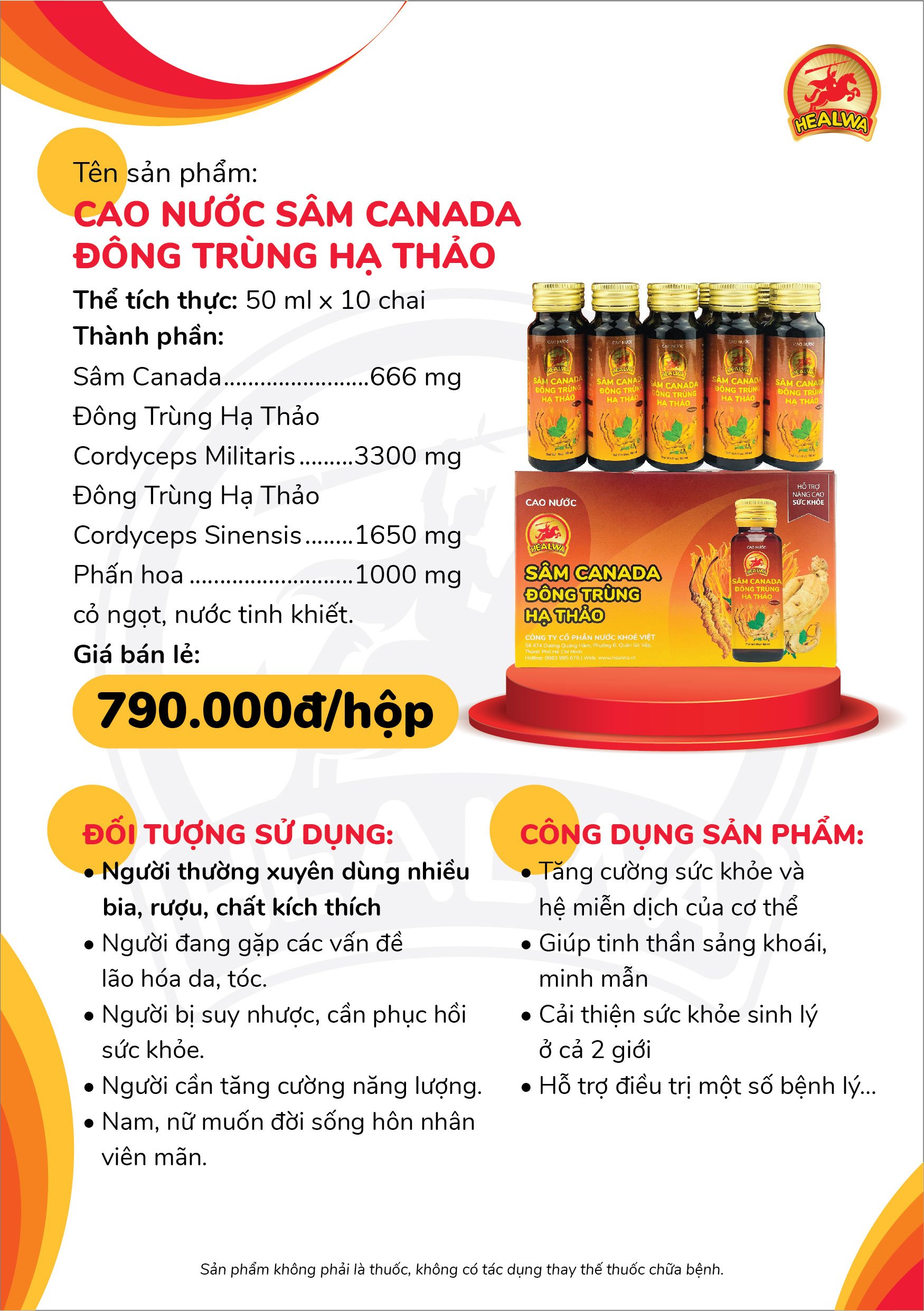 Cao nước Sâm Canada Đông trùng hạ thảo Healwa (1 hộp x 10 chai x 50ml) Tăng cường sức khỏe và hệ miễn dịch