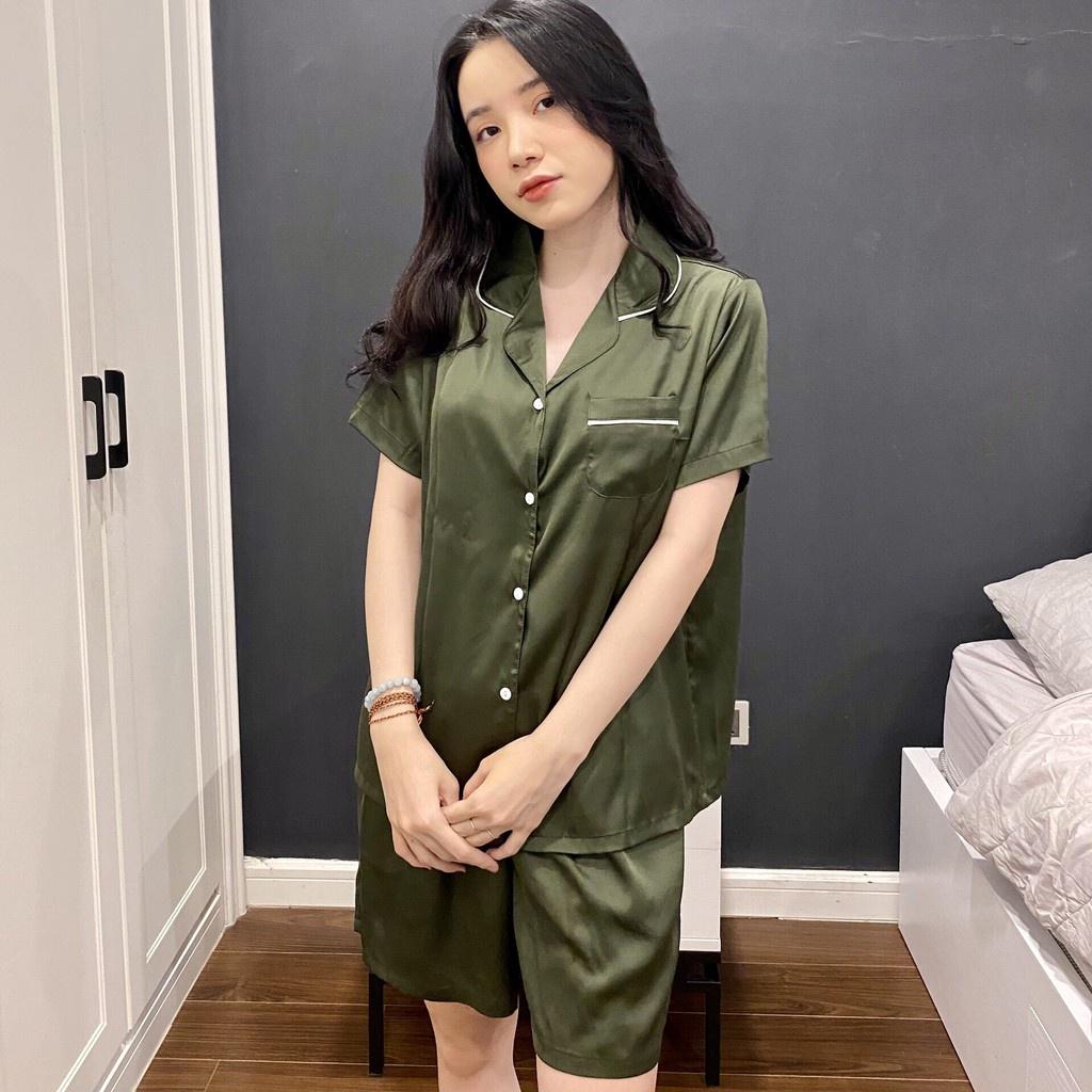 Bộ Pyjama lụa - Chất lụa Latin trơn Màu Xanh Rêu mềm mịn siêu mát Bộ cộc quần đùi